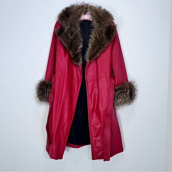 Vintage Red Leather Fur Trimmed Belted Penny Lane Winter Coat 70s Retro Eclectic - Picture 1 of 9